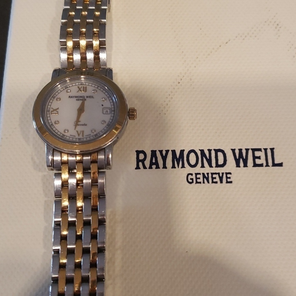 Raymond Weil Toccata woman's watch with pearl face and Diamond accents.